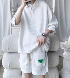 Men’s Casual Oversized Polo T-Shirt & Cargo Shorts Co-ord Set – White