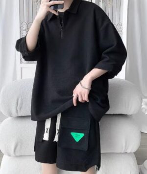 Men’s Oversized Polo T-Shirt & Cargo Shorts Co-ord Set – Black