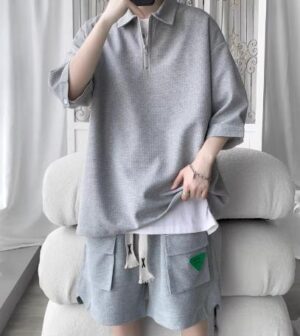 Men’s Oversized Polo T-Shirt & Cargo Shorts Co-ord Set – Grey