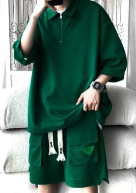 Men’s Oversized Polo T-Shirt & Cargo Shorts Co-ord Set – Green
