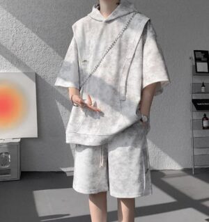 Men’s Oversized Tie-Dye Hoodie & Shorts Co-ord Set – Grey White