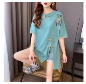 Women’s Casual Loose Fit Asymmetrical Tunic Top with Butterfly Embroidery