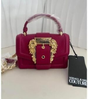 Versace Jeans Couture Women’s Baroque Mini Handbag – Red Leather Top Handle Bag