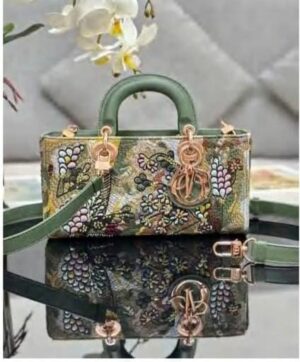 Luxury Floral Embroidered Top Handle Bag – Green Leather Strap Designer Handbag