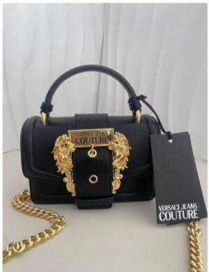 Versace Jeans Couture Women’s Baroque Mini Handbag – Black Leather Top Handle Bag