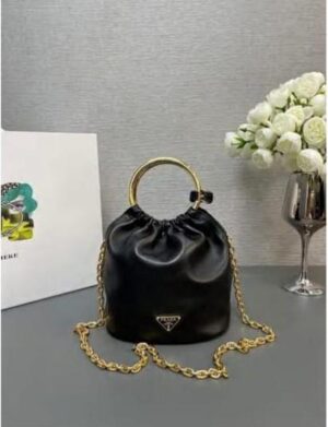 Prada Women’s Satin Drawstring Bucket Bag – Black with Gold Chain & Ring Handle