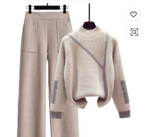 Women’s 2-Piece Knitwear Set – Sweater & Wide-Leg Pants (Beige)