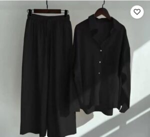 Women’s 2-Piece Casual Set – Button-Up Shirt & Wide-Leg Pants (Black)