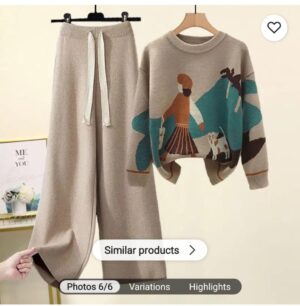 Women’s Knit Two-Piece Set – Graphic Sweater & Wide-Leg Pants (Beige)