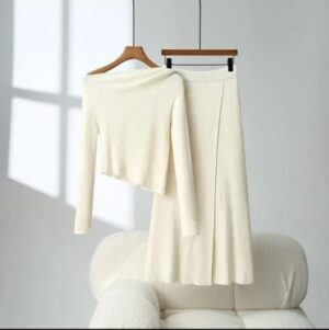 Women’s Elegant Knit Two-Piece Set – Off-Shoulder Sweater & A-Line Skirt (Ivory White)
