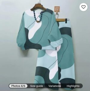 Women’s Abstract Print Two-Piece Set – Loose Top & Wide-Leg Pants (Teal Green)